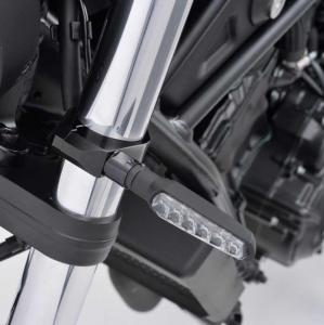 CNC-Blinkerhalter-Set in schwarz, Gabel Ø 43mm, 2 x schwarze Schellen + 2 x M8 Überwurfmutter