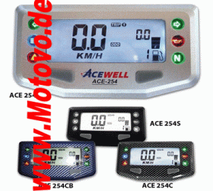 ACE-254S Multifunktionelles Digitalinstrument, schwarz, Tacho, Tank, Uhr, Kontrollleuchten, grau-blaue Beleuchtung