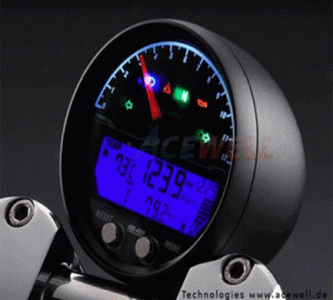 Acewell Multifunktionelles Digitalinstrument, alu-chrom, Tachometer, Drehzahlmesser, 6000 RPM, Uhr & Tankanzeige