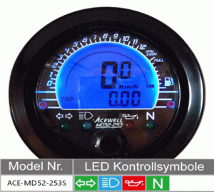 ACE-MD52-253S Multifunktionales Digitalinstrument in schwarz inklusive Tacho, Drehzahlmesser, Tankanzeige