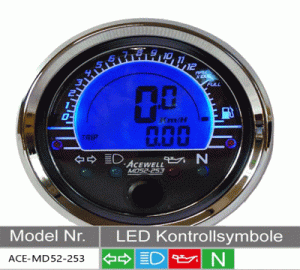 ACE-MD52-253 Multifunktionales Digitalinstrument in chrom inklusive Tacho, Drehzahlmesser, Tankanzeige