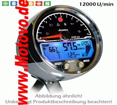 ACE-4567AS Multifunktionelles Digitalinstrument, alu-schwarz, Tachometer, Drehzahlmesser, 12000 RPM